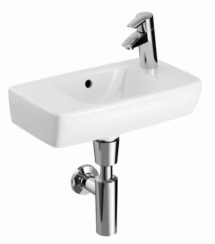 GEBERIT Umywalka SELNOVA Compact kompaktowa, B45cm, H14.5cm, T25cm, krótka, z powierzchnią odkładczą po lewej stronie, z przelewem, z otworem na baterię po prawej stronie