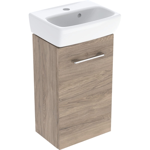 GEBERIT Zestaw SELNOVA SQUARE szafka pod umywalkę , B36cm, H65.2cm, T28cm, z jednymi drzwiami, orzech włoski hickory, z umywalką kompaktową, z przelewem, z otworem na baterię