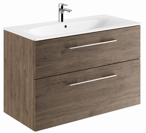 GEBERIT Zestaw SELNOVA SQUARE szafka pod umywalkę, z dwiema szufladami, B100cm, H65.2cm, T50.2cm, orzech włoski hickory, z umywalką meblową, cienki rant, z przelewem, z otworem na baterię