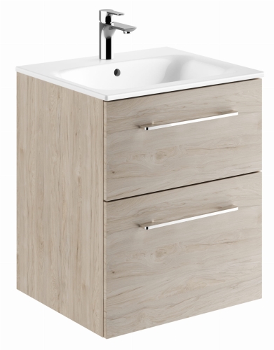 GEBERIT Zestaw SELNOVA SQUARE szafka pod umywalkę, z dwiema szufladami, B55cm, H65.2cm, T50.2cm, orzech włoski hickory jasny, z umywalką meblową, cienki rant, z przelewem, z otworem na baterię