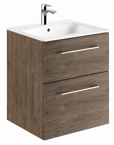 GEBERIT Zestaw SELNOVA SQUARE szafka pod umywalkę, z dwiema szufladami, B55cm, H65.2cm, T50.2cm, orzech włoski hickory, z umywalką meblową, cienki rant, z przelewem, z otworem na baterię