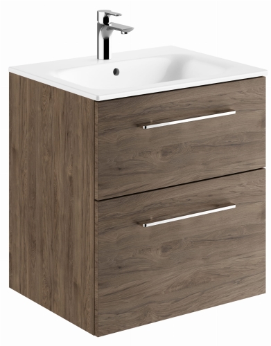 GEBERIT Zestaw SELNOVA SQUARE szafka pod umywalkę, z dwiema szufladami, B60cm, H65.2cm, T50.2cm, orzech włoski hickory, z umywalką meblową, cienki rant, z przelewem, z otworem na baterię