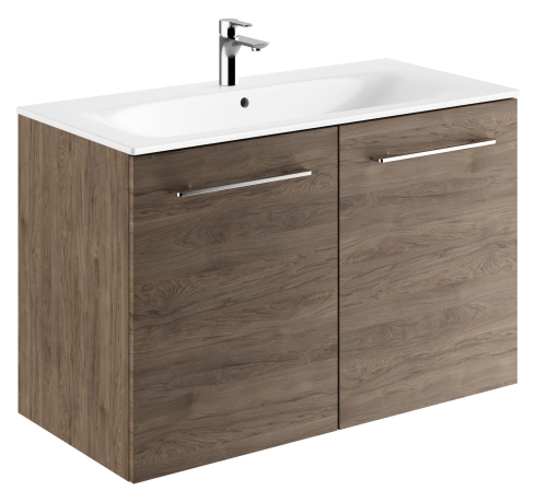 GEBERIT Zestaw SELNOVA SQUARE szafka pod umywalkę, z dwojgiem drzwi, B100cm, H65.2cm, T50.2cm, orzech włoski hickory, z umywalką meblową, cienki rant, z przelewem, z otworem na baterię