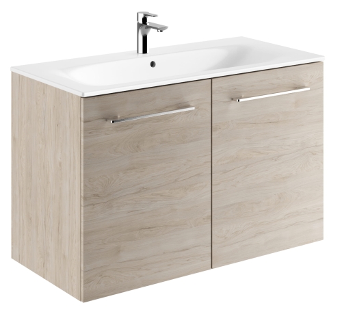 GEBERIT Zestaw SELNOVA SQUARE szafka pod umywalkę, z dwojgiem drzwi, B100cm, H65.2cm, T50.2cm, orzech włoski hickory jasny, z umywalką meblową, cienki rant, z przelewem, z otworem na baterię
