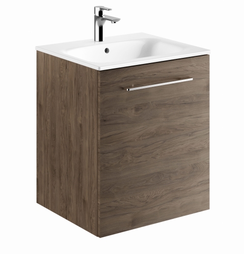 GEBERIT Zestaw SELNOVA SQUARE szafka pod umywalkę, z jednymi drzwiami, B55cm, H65.2cm, T50.2cm, orzech włoski hickory, z umywalką meblową, cienki rant, z przelewem, z otworem na baterię