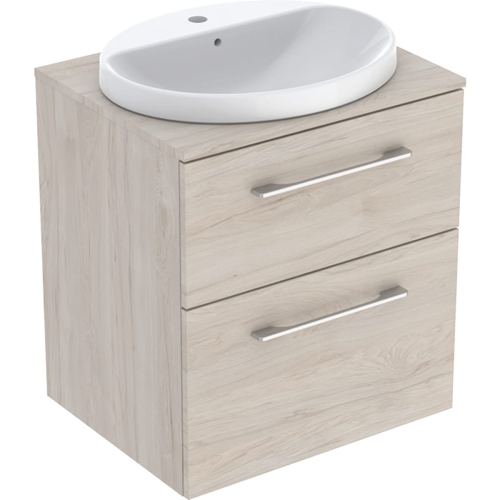 GEBERIT Zestaw SELNOVA SQUARE szafka z blatem pod umywalkę, B59.1cm, H70.3cm, T50.2cm, z dwiema szufladami, orzech włoski hickory jasny, z umywalką wpuszczaną w blat, z przelewem, z otworem na baterię