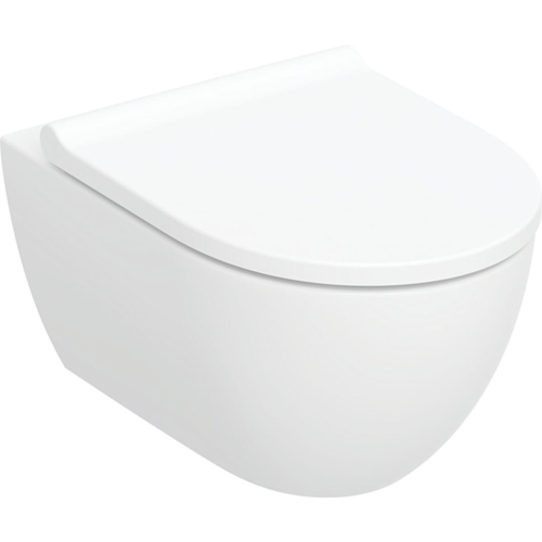 GEBERIT Miska wisząca WC, lejowa Zestaw ACANTO, B36cm, H38.5cm, T53cm, ukryte mocowania, z techniką spłukiwania TurboFlush, KeraTect, z deską sedesową, mocowanie od góry, wolne opadanie, z wypinanymi zawiasami