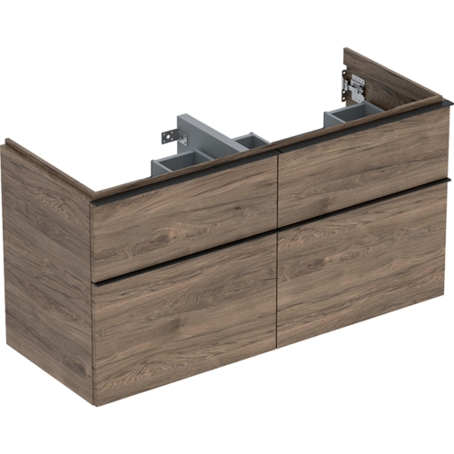 GEBERIT Szafka ICON pod umywalkę podwójną, z czterema szufladami 118,4 cm x 61,5 cm x 47,6 cm, orzech hickory / melaminowa struktura drewna, lava / matowy