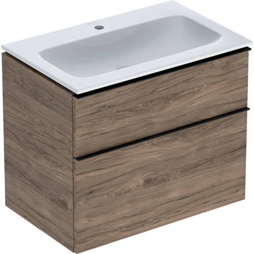 GEBERIT Zestaw: umywalka meblowa ICON slim, z szafką pod umywalkę, dwoma szufladami i zestawem odpływowo-przelewowym do umywalki: 75cm, orzech hickory / melaminowa struktura drewna, lava / matowy
