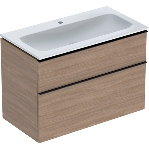 GEBERIT Zestaw: umywalka meblowa ICON slim, z szafką pod umywalkę, dwoma szufladami i zestawem odpływowo-przelewowym do umywalki: 90cm, dąb / melaminowa struktura drewna, lava / matowy