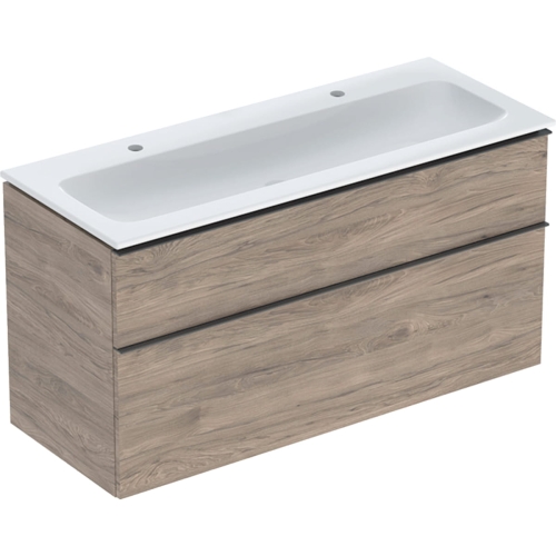 GEBERIT Zestaw ICON szafka pod umywalkę, B120cm, H63cm, T48cm, z dwoma szufladami, orzech włoski hickory, uchwyt lava, z umywalką meblową, bez przelewu, z otworem na baterię, z zestawem odpływowo-przelewowym, KeraTect