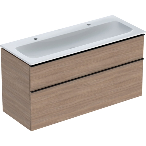 GEBERIT Zestaw: umywalka meblowa ICON slim, z szafką pod umywalkę, dwoma szufladami i zestawem odpływowo-przelewowym do umywalki: 120cm, dąb / melaminowa struktura drewna, lava / matowy