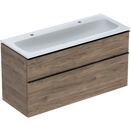 GEBERIT Zestaw: umywalka meblowa ICON slim, z szafką pod umywalkę, dwoma szufladami i zestawem odpływowo-przelewowym do umywalki: 120cm, orzech hickory / melaminowa struktura drewna, lava / matowy
