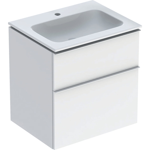 GEBERIT Zestaw: umywalka meblowa ICON slim, z szafką pod umywalkę, dwoma szufladami i zestawem odpływowo-przelewowym do umywalki: 60cm, biały / lakierowany na wysoki połysk, biały / matowy
