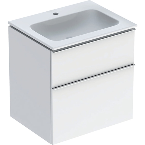 GEBERIT Zestaw: umywalka meblowa ICON slim, z szafką pod umywalkę, dwoma szufladami i zestawem odpływowo-przelewowym do umywalki: 60cm, biały / lakierowany na wysoki połysk, chromowany z połyskiem