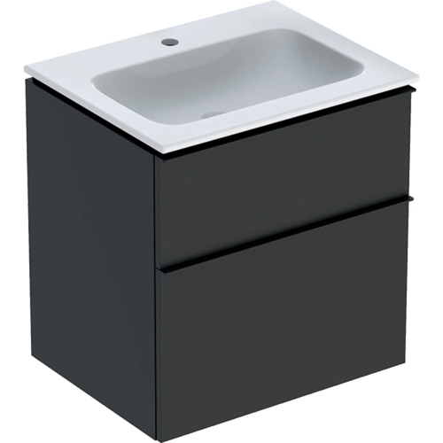 GEBERIT Zestaw: umywalka meblowa ICON slim, z szafką pod umywalkę, dwoma szufladami i zestawem odpływowo-przelewowym do umywalki: 60cm, lava / lakierowany matowy, lava / matowy