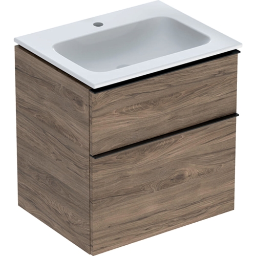 GEBERIT Zestaw: umywalka meblowa ICON slim, z szafką pod umywalkę, dwoma szufladami i zestawem odpływowo-przelewowym do umywalki: 60cm, orzech hickory / melaminowa struktura drewna, lava / matowy