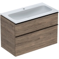 GEBERIT Zestaw: umywalka meblowa ICON slim, z szafką pod umywalkę, dwoma szufladami i zestawem odpływowo-przelewowym do umywalki: 90cm, orzech hickory / melaminowa struktura drewna, lava / matowy