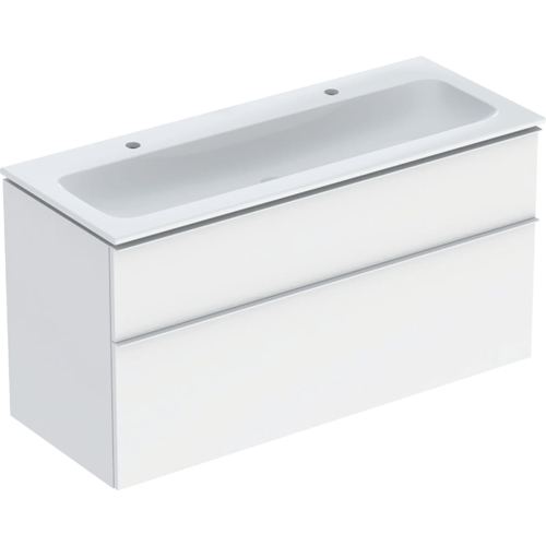 GEBERIT Zestaw ICON szafka pod umywalkę, B120cm, H63cm, T48cm, z dwoma szufladami, biały, matowy, uchwyt matowy ,z umywalką meblową, bez przelewu, z otworem na baterię, z zestawem odpływowo-przelewowym, KeraTect