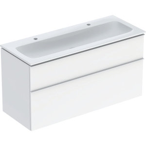 GEBERIT Zestaw ICON szafka pod umywalkę, B120cm, H63cm, T48cm, z dwoma szufladami, biały, wysoki połysk, uchwyt matowy, z umywalką meblową, bez przelewu, z otworem na baterię, z zestawem odpływowo-przelewowym, KeraTect