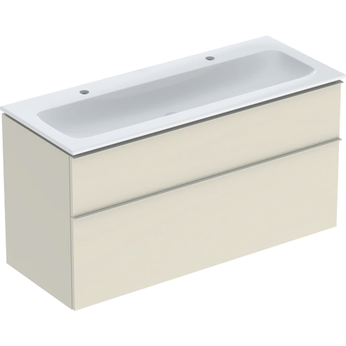GEBERIT Zestaw ICON szafka pod umywalkę, B120cm, H63cm, T48cm, z dwoma szufladami, sand grey, uchwyt sand grey, z umywalką meblową, bez przelewu, z otworem na baterię, z zestawem odpływowo-przelewowym, KeraTect
