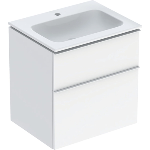 GEBERIT Zestaw ICON szafka pod umywalkę, B60cm, H63cm, T48cm, z dwoma szufladami, biały, wysoki połysk, uchwyt matowy, z umywalką meblową, bez przelewu, z otworem na baterię, z zestawem odpływowo-przelewowym, KeraTect
