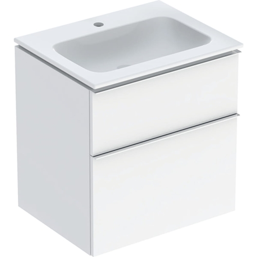 GEBERIT Zestaw ICON szafka pod umywalkę, B60cm, H63cm, T48cm, z dwoma szufladami, biały, wysoki połysk, uchwyt chromowany ,z umywalką meblową, bez przelewu, z otworem na baterię, z zestawem odpływowo-przelewowym, KeraTect