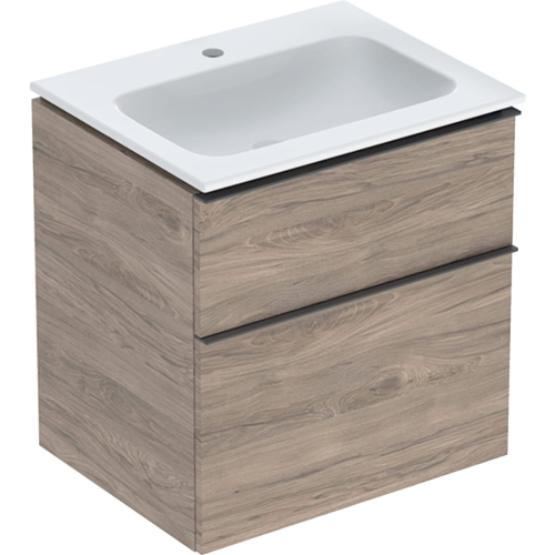 GEBERIT Zestaw ICON szafka pod umywalkę, B60cm, H63cm, T48cm, z dwoma szufladami, orzech włoski hickory, uchwyt lava, z umywalką meblową, bez przelewu, z otworem na baterię, z zestawem odpływowo-przelewowym, KeraTect