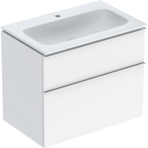 GEBERIT Zestaw ICON szafka pod umywalkę, B75cm, H63cm, T48cm, z dwoma szufladami, biały, wysoki połysk, uchwyt chromowany ,z umywalką meblową, bez przelewu, z otworem na baterię, z zestawem odpływowo-przelewowym, KeraTect