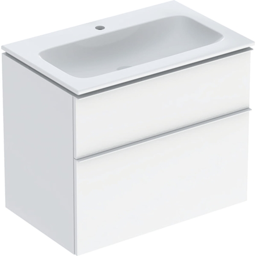 GEBERIT Zestaw ICON szafka pod umywalkę, B75cm, H63cm, T48cm, z dwoma szufladami, biały, wysoki połysk, uchwyt matowy, z umywalką meblową, bez przelewu, z otworem na baterię, z zestawem odpływowo-przelewowym, KeraTect