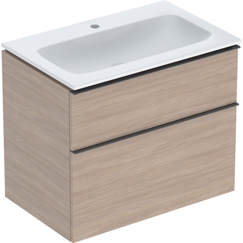 GEBERIT Zestaw ICON szafka pod umywalkę, B75cm, H63cm, T48cm, z dwoma szufladami, dąb, uchwyt lava matowy, z umywalką meblową, bez przelewu, z otworem na baterię, z zestawem odpływowo-przelewowym, KeraTect