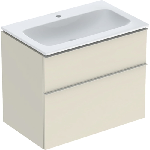 GEBERIT Zestaw ICON szafka pod umywalkę, B75cm, H63cm, T48cm, z dwoma szufladami, sand grey, uchwyt sand grey, z umywalką meblową, bez przelewu, z otworem na baterię, z zestawem odpływowo-przelewowym, KeraTect