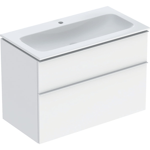 GEBERIT Zestaw ICON szafka pod umywalkę, B90cm, H63cm, T48cm, z dwoma szufladami, biały, matowy, uchwyt matowy ,z umywalką meblową, bez przelewu, z otworem na baterię, z zestawem odpływowo-przelewowym, KeraTect