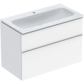 GEBERIT Zestaw ICON szafka pod umywalkę, B90cm, H63cm, T48cm, z dwoma szufladami, biały, wysoki połysk, uchwyt chromowany ,z umywalką meblową, bez przelewu, z otworem na baterię, z zestawem odpływowo-przelewowym, KeraTect