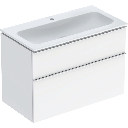 GEBERIT Zestaw ICON szafka pod umywalkę, B90cm, H63cm, T48cm, z dwoma szufladami, biały, wysoki połysk, uchwyt chromowany ,z umywalką meblową, bez przelewu, z otworem na baterię, z zestawem odpływowo-przelewowym, KeraTect