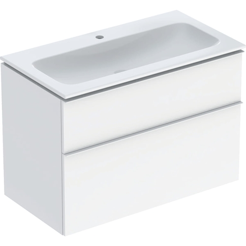 GEBERIT Zestaw ICON szafka pod umywalkę, B90cm, H63cm, T48cm, z dwoma szufladami, biały, wysoki połysk, uchwyt matowy, z umywalką meblową, bez przelewu, z otworem na baterię, z zestawem odpływowo-przelewowym, KeraTect