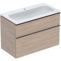 GEBERIT Zestaw ICON szafka pod umywalkę, B90cm, H63cm, T48cm, z dwoma szufladami, dąb, uchwyt lava matowy, z umywalką meblową, bez przelewu, z otworem na baterię, z zestawem odpływowo-przelewowym, KeraTect