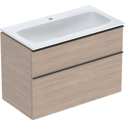 GEBERIT Zestaw ICON szafka pod umywalkę, B90cm, H63cm, T48cm, z dwoma szufladami, dąb, uchwyt lava matowy, z umywalką meblową, bez przelewu, z otworem na baterię, z zestawem odpływowo-przelewowym, KeraTect