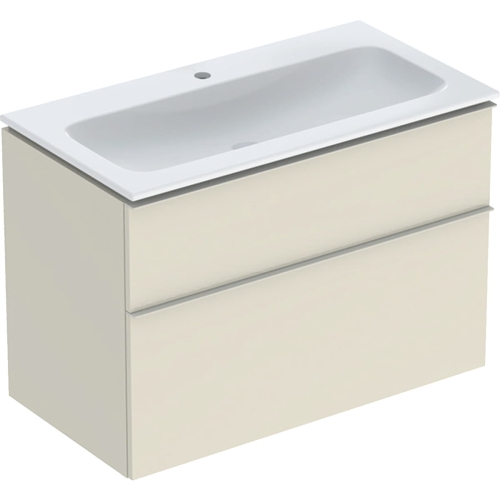GEBERIT Zestaw ICON szafka pod umywalkę, B90cm, H63cm, T48cm, z dwoma szufladami, sand grey, uchwyt sand grey, z umywalką meblową, bez przelewu, z otworem na baterię, z zestawem odpływowo-przelewowym, KeraTect