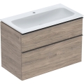 GEBERIT Zestaw ICON szafka pod umywalkę, B90cm, H63cm, T48cm, z dwoma szufladami, orzech włoski hickory, uchwyt lava, z umywalką meblową, bez przelewu, z otworem na baterię, z zestawem odpływowo-przelewowym, KeraTect