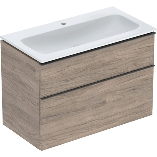 GEBERIT Zestaw ICON szafka pod umywalkę, B90cm, H63cm, T48cm, z dwoma szufladami, orzech włoski hickory, uchwyt lava, z umywalką meblową, bez przelewu, z otworem na baterię, z zestawem odpływowo-przelewowym, KeraTect