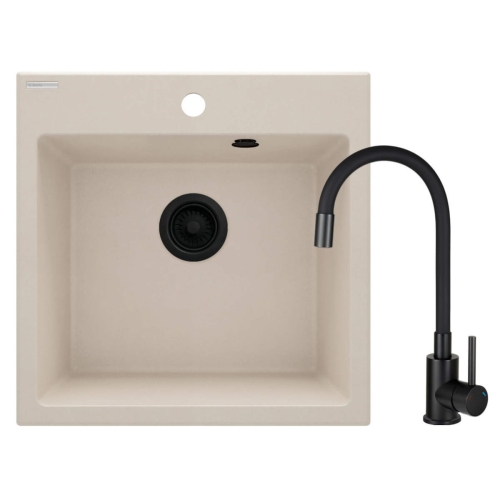 DEANTE set: Zlewozmywak granit zqj 5103 beż + Bateria z elastyczną wylewką boc n72m nero + osprzęt nero beż