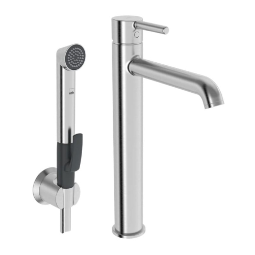 ORAS OPTIMA STYLE bateria umywalkowa stojąca z rączką Bidetta, stal szczotkowana