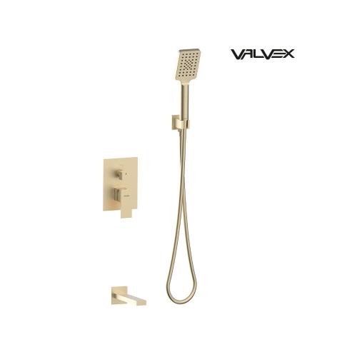 VALVEX ARS zestaw wannowo-natryskowy z deszczownicą i wylewką, złoty szczotkowany