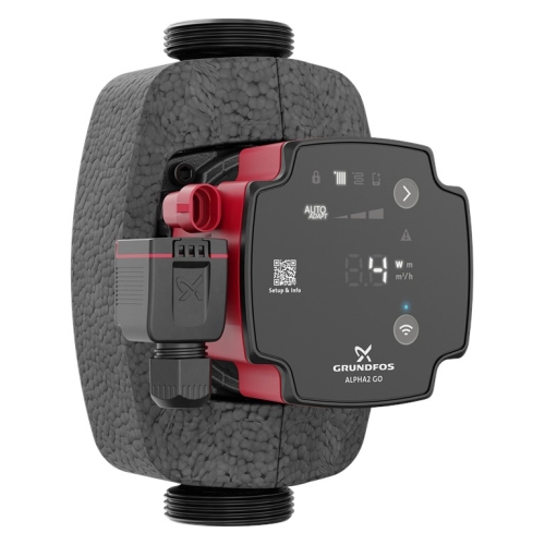 Pompa obiegowa Grundfos ALPHA2 GO z cyfrowym wyświetlaczem i izolacją.