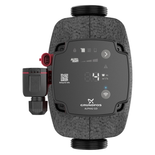 Pompa obiegowa Grundfos ALPHA2 GO z cyfrowym wyświetlaczem i izolacją.
