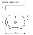 Umywalka owalna nablatowa - rysunek techniczny z wymiarami.