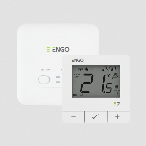 ENGO Regulator temperatury E7-RFWbiały, dobowy, baterie 2xAA, zasilanie odbiornika 230V