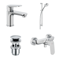 KLUDI Zestaw: bateria umywalkowa stojąca, bateria natryskowa ścienna, zestaw natryskowy, spust umywalkowy klik-klak - chrom