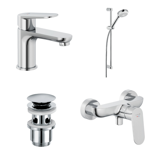 KLUDI Zestaw: bateria umywalkowa stojąca, bateria natryskowa ścienna, zestaw natryskowy, spust umywalkowy klik-klak - chrom